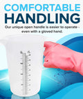 Eight Ounce Plastic Measuring Pitcher Built To Last Multipurpose For Chemicals Oil Pool And Lawn With Ounce And Milliliter Increments Durable Food Grade Polypropylene Chemical Resistant Cup Measure shown with gloved hand