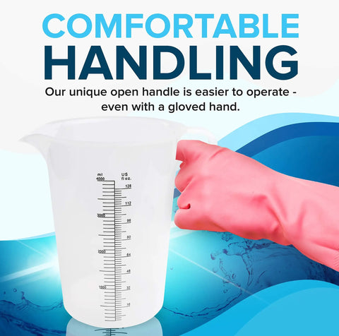 Eight Ounce Plastic Measuring Pitcher Built To Last Multipurpose For Chemicals Oil Pool And Lawn With Ounce And Milliliter Increments Durable Food Grade Polypropylene Chemical Resistant Cup Measure shown with gloved hand
