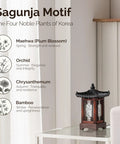 Handmade Korean Wood Lamp With Pagoda Design, Cozy Table Lantern in living room, Sagunja floral motifs, brown finish.