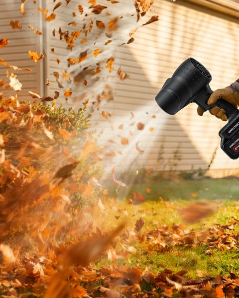 Beast Cordless Leaf Blower With 350000 RPM Turbo Motor And Lightweight Handheld Design in use, blowing leaves in yard