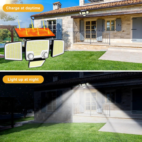 Badass Quad Headed Solar Flood Light With Smart Motion Sensor And Dual Detectors For Backyard Security 2500 Lumen Waterproof Exterior Wall Fixture Three Lighting Modes Solid Rig