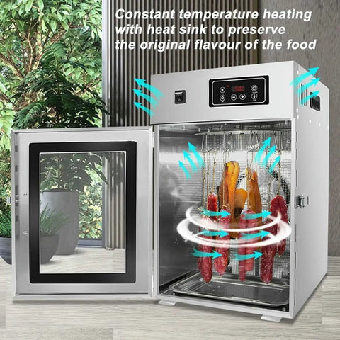 Rock Solid Stainless Steel Food Dehydrator With 360 Degree Spin Cycle For Flawless Air Circulation, featuring meat drying inside.