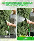 Before and after using Expandable Garden Hose Repair Kit With Four Dual Channel Connectors And Metal Clamp Quick Fix for damaged hoses