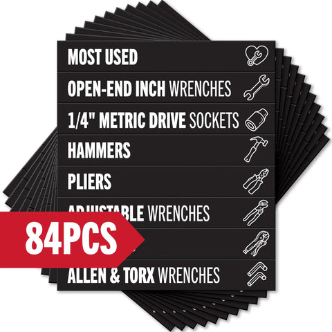 84 Piece Magnetic Tool Drawer Labels Set For Steel Tool Boxes And Cabinets with icons and text for tool identification