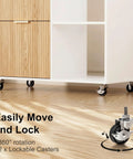Smooth Rolling Three Drawer Lateral Filing Cabinet With Secure Locks And Sleek Fluted Finish, Solid Oak Mobile Desk Organizer Plus Roomy Printer Stand For Effortless Home Office Storage Stash, showing lockable casters.