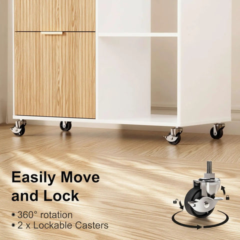 Smooth Rolling Three Drawer Lateral Filing Cabinet With Secure Locks And Sleek Fluted Finish, Solid Oak Mobile Desk Organizer Plus Roomy Printer Stand For Effortless Home Office Storage Stash, showing lockable casters.