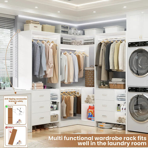 Legit Heavy Duty L Shaped Closet System With Six Roomy Drawers Plus Four Sturdy Hanging Rods Corner Tower Module For Walk In Wardrobe Setup in laundry room.