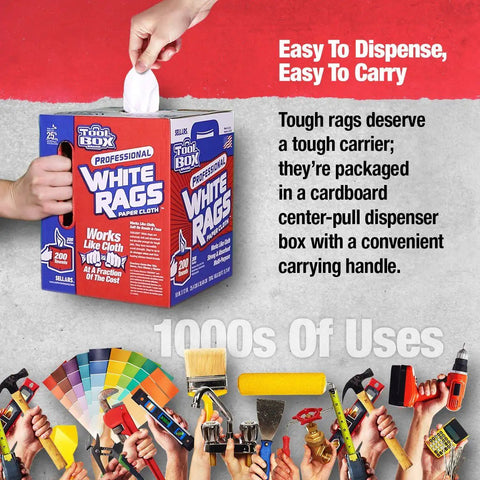 Painters Rags And Shop Towels 200 Count White Center Pull Box Provides Heavy Duty Absorbent Wipes For Paint Cleanup And General Messes