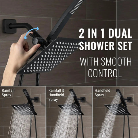 Matte Black Shower Faucet Set With Dual Square Heads And Handheld Wand No-Fuss Complete Kit With Diverter Hose And Pressure Balance Rough-In Valve For Easy Install, featuring rainfall and handheld spray options.