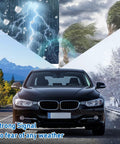 Car with Roof Mounted Car Antenna Replacement 16 Inch Mast For AM FM Radio shown in various weather conditions.