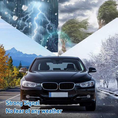 Car with Roof Mounted Car Antenna Replacement 16 Inch Mast For AM FM Radio shown in various weather conditions.