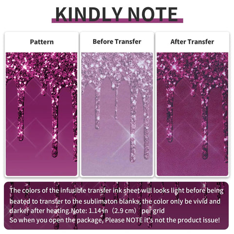Dope Color Sublimation Transfer Sheets For Heat Press Machine comparison of pattern, before, and after transfer on pink glitter design.