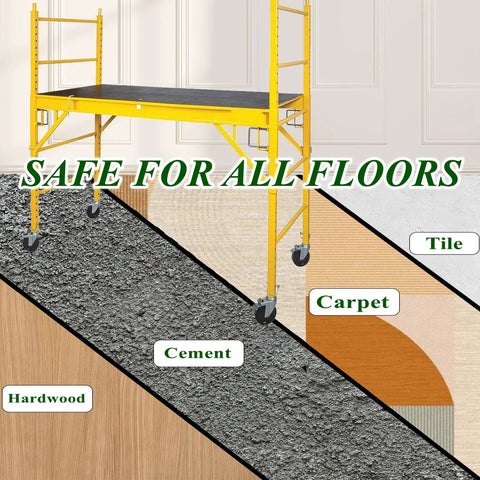 5 Inch Scaffolding Caster Set Of 4 With Heavy Duty Baker Wheels shown on various flooring types including hardwood, cement, tile, and carpet.