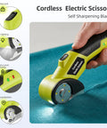 Heavy Duty Cordless Electric Cutter With 4V Rechargeable Battery And Two Sharpened Rotary Blades cutting teal fabric with LED light.