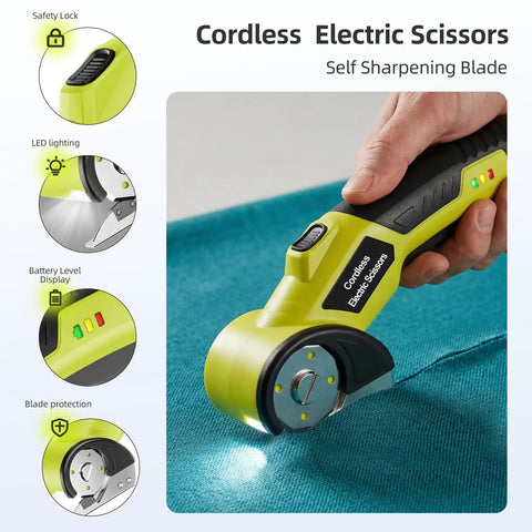 Heavy Duty Cordless Electric Cutter With 4V Rechargeable Battery And Two Sharpened Rotary Blades cutting teal fabric with LED light.