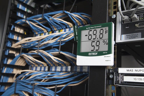 Big Digit Remote Probe Hygro Thermometer with dual display showing temperature and humidity in server room environment
