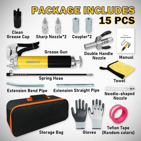 14oz Capacity Grease Gun Kit With 7000 PSI Leakproof Spray 18 Inch Spring Hose Double Handle Nozzle Coupler Teflon Tape And 15 Piece Auto Marine Industry Accessories Set with storage bag, gloves, and attachments.