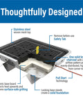 Diagram showing Disposable Portable Charcoal BBQ With Pull Start Ignition, highlighting safety tab, pull start, and stainless steel mesh.