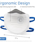 Front view of N95 Masks For Adults NIOSH Approved 20 Pack Valved Particulate Respirator with Comfort Plus Seal, blue straps.