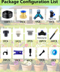 Package contents of Ultimate Drip Irrigation Kit With 100 Ft Hose, 26 360 Degree Adjustable Mist Nozzles, Tool Free Setup