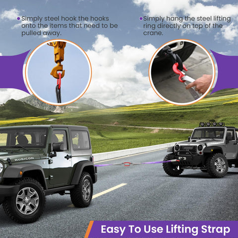 Vigtayue lifting sling with hooks, 3.3 ft, 4409 lb capacity, polyester two-leg rigging strap between two jeeps.