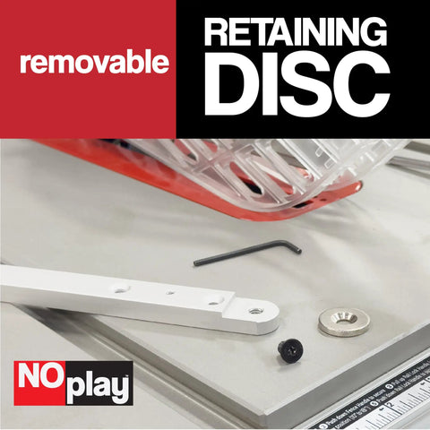 NoPlay Aluminum Miter Bar With Expandable Glides, 17 Inch, Standard Three Quarters By Three Eighths Inch Miter Slot visible on table