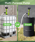 Cordless Stick Transfer Pump For Water And Diesel, 720 GPH Fast Drain shown with water and diesel barrels outdoors