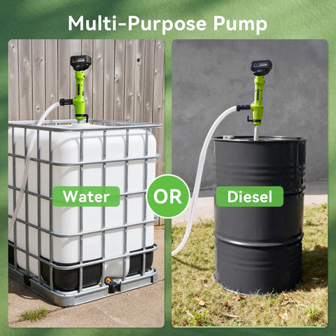 Cordless Stick Transfer Pump For Water And Diesel, 720 GPH Fast Drain shown with water and diesel barrels outdoors