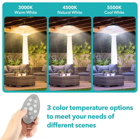 Dual Head Solar Pendant Lights With Remote showing 3 color temperatures: warm, natural, cool for outdoor scenes