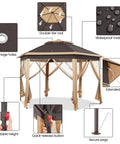 13x13 Pop Up Hexagonal Gazebo Canopy Shelter With Mesh Netting For Lawn Garden Backyard And Deck Instant Setup Patio Sun Shade Tent With Double Tier Roof All Season Outdoor Shelter Khaki Brown, highlighting features like double-tier roof, waterproof material, and adjustable height.