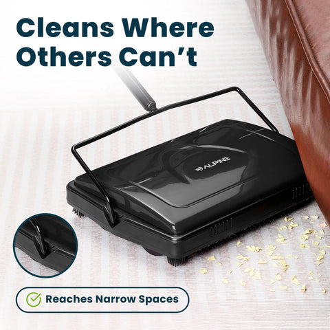 Grab And Go No Sweat Manual Sweeper For Carpets Hardwood And Rugs Triple Brush picks up debris under furniture.