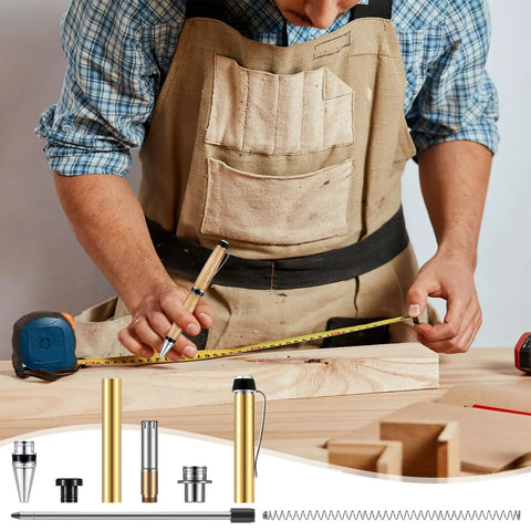 Craftsman using a Six Pack Woodturning Pen Kit With Refills Twist Pens For DIY Lathe Turning Black And Silver Set
