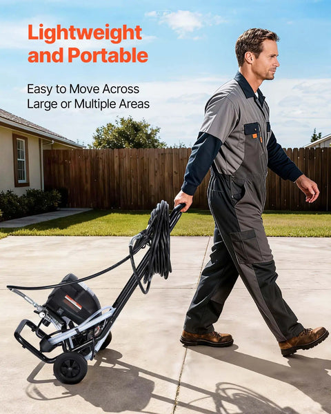 Man using Gonna Save Your Arms For This Stand Airless Paint Sprayer 3000 PSI on wheeled cart, portable design for easy movement.