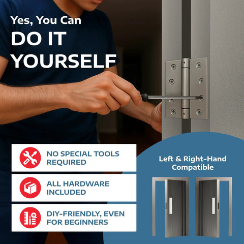 Person installing Built Tough Heavy Duty Satin Steel Door Hinges 4.5 Inch Self Closing Adjustable Spring Hardware with screwdriver.