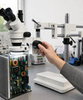 Trinocular Stereo Zoom Microscope 3.5X To 90X With Dual Arm Boom, 45 Degree Inclined Head Rotates 360, used for PCB inspection