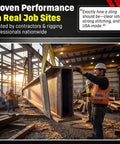 Construction workers using a heavy-duty workhorse lifting sling with 1 inch nylon sling sleeve wear pad, USA-made for abrasion protection.