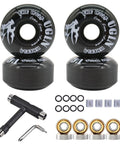 52mm 95A Skateboard Wheels with tool set, bearings, spacers, and washers included, designed for freestyle street skating on black decks.