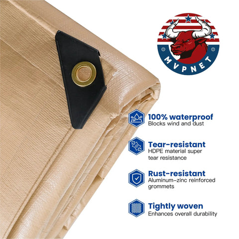 Beige 6x8 Heavy Duty Waterproof Tarp 12.5 Mil Ultra Tough Tear Resistant Poly Cover waterproof durability features