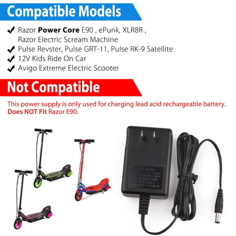 12V Battery Charger For Razor Power Core E90 And Other 12V Ride On Toys, 1 Amp DC Adapter With 71 Inch Cable, Barrel Connector, UL Listed, Kid Safe, Durable Power Supply For Kids Scooters And Cars