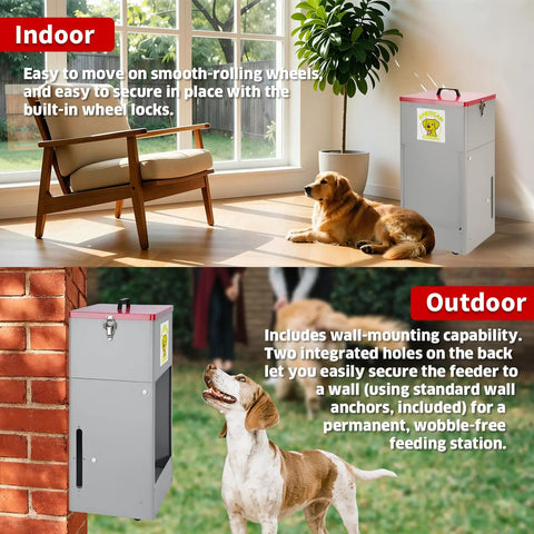 Tough As Nails Rolling Dog Feeder With Locking Casters, 25 Pound Heavy Duty Galvanized Steel Gravity Food Dispenser shown indoors.