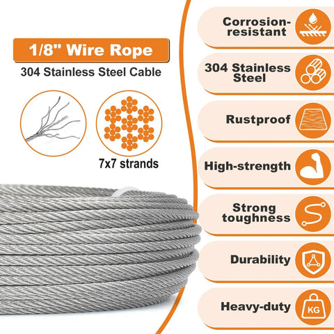 7x7 strands of 1/8" wire rope, stainless steel cable with corrosion-resistant features for deck railing and DIY projects.