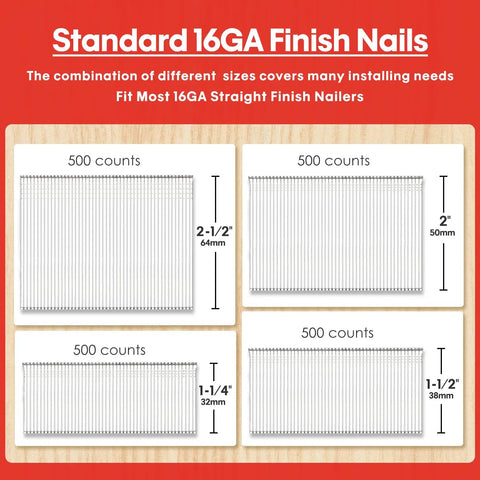 Galvanized 16 Gauge Finish Nails Assorted 2000 Count For Nail Guns One And A Quarter Inch To Two And A Half Inch diagram