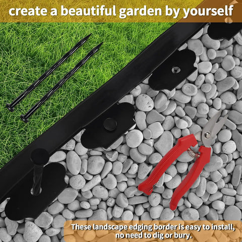 Easy No Dig Landscape Edging Border Kit With Scissors And 20 Spikes Two Inch Tall Black Plastic Lawn Edging For Lawn And Garden 20ft To 80ft Length Options Great Border For Flower Beds And Garden Edges featuring red scissors and landscape spikes on gravel and grass.