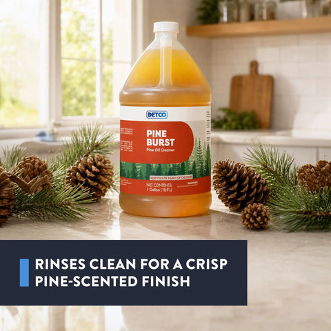 Top Shelf Pine Burst Multi Surface Cleaner in a 1-gallon container with pine sprigs and pinecones on a kitchen counter.