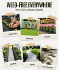 Collage showing Heavy Duty Weed Barrier Fabric 3 Ft By 300 Ft Woven Geotextile 3.2 Oz used in various landscaping settings.