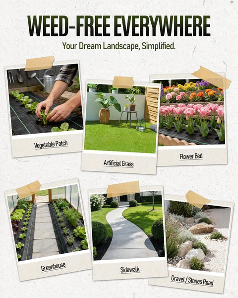 Collage showing Heavy Duty Weed Barrier Fabric 3 Ft By 300 Ft Woven Geotextile 3.2 Oz used in various landscaping settings.