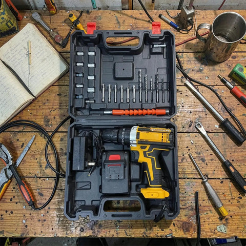 21V Cordless Drill And Screwdriver Combo Offers Beast Mode Power For Serious Homeowners With Variable Speed Trigger and Chuck Lock in black case on wooden workbench.