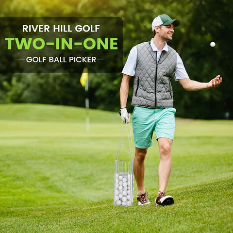 Golfer using 2-In-1 Golf Ball Picker And Basket, Heavy Duty 304 Stainless Steel Grabber, Collect And Store Up To 140 Balls.
