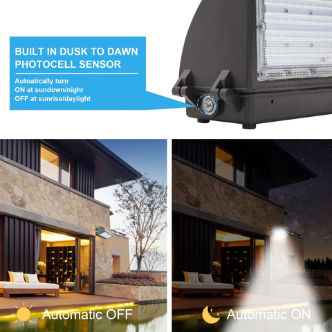 Built-in dusk to dawn sensor on Crazy Bright 70W LED Full Cutoff Wall Pack with 8,400 Lumens at 5000K Daylight, automatic lighting demo