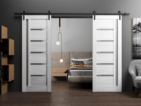 Nordic White Frosted Glass Double Sliding Barn Door With Solid MDF Core, Fits 84 To 96 Inch Openings, 13 Ft Black Rail Hardware
